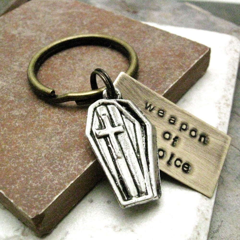 COFFIN Weapon of Choice Stamped Keychain, antique brass base, alt charms available