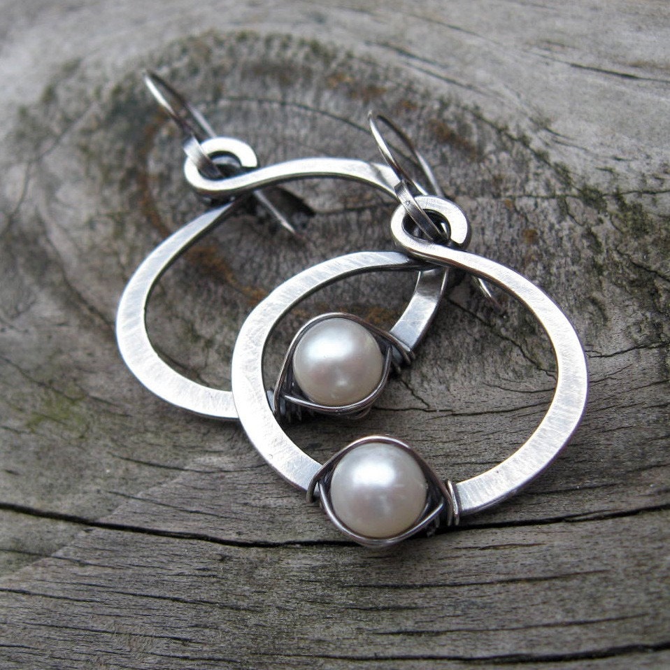 Pearl Hoop Dangle Earrings ... sterling silver white freshwater pearl hoop dangle earrings