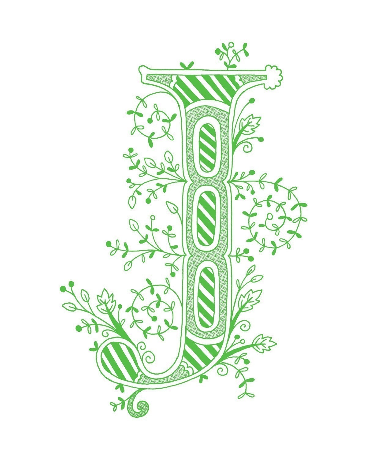 Hand drawn monogrammed print, 8x10, the Letter J, in the color green
