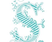 Hand drawn monogrammed print, 8x10, the Letter S, in the color blue