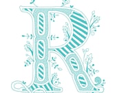Hand drawn monogrammed print, 8x10, the Letter R, in the color blue