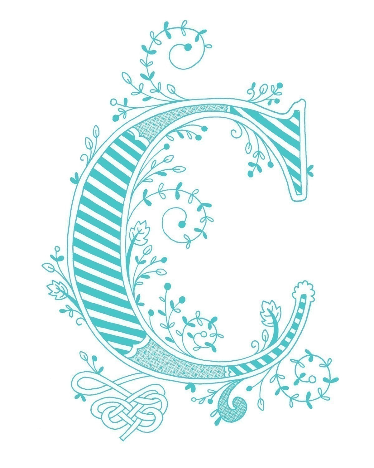 Hand drawn monogrammed print, 8x10, the Letter C, in the color blue