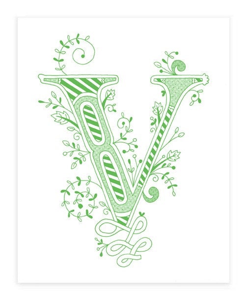 Hand drawn monogrammed print, 8x10, the Letter V, in the color green