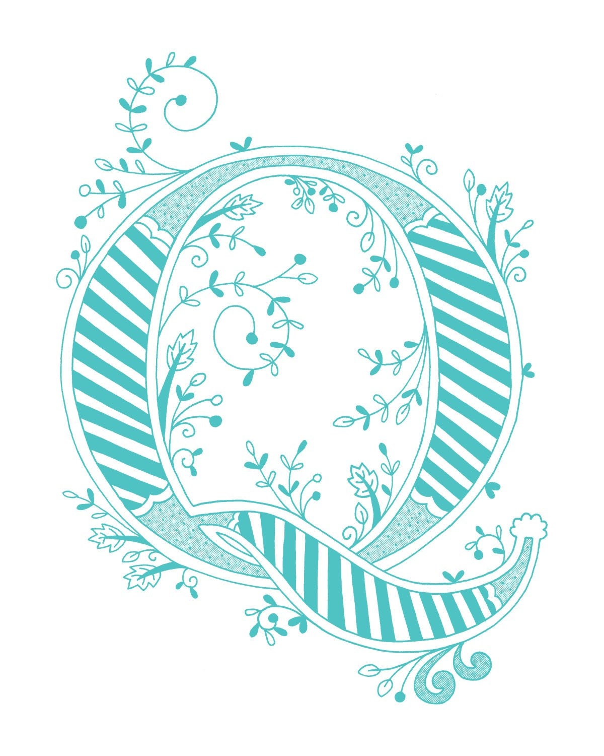 Hand drawn monogrammed print, 8x10, the Letter Q, in the color blue