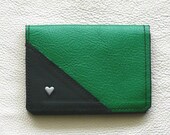 Leather Card Case In Kelly Green and Black with Silver Heart