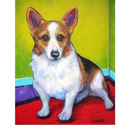 Corgi Dog Art 8x10 Print of Original Painting by Dottie Dracos, Corgi Sitting in Corner