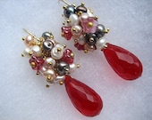 Ruby Earrings Wire Wrapped Cluster Chandelier Dangle Beaded Chic Feminine Red Gold Elegant Princess Glam Glamorous