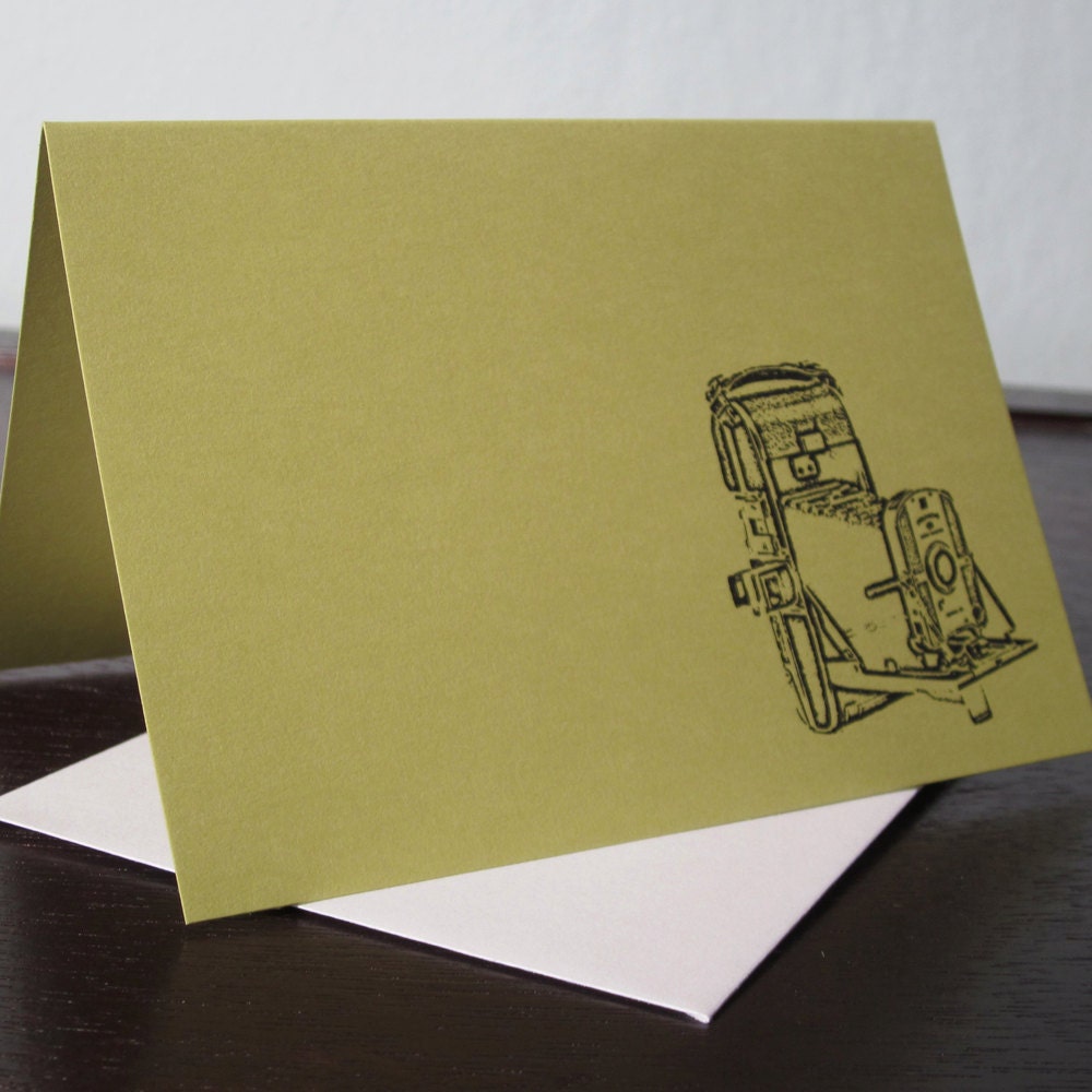 Chartreuse Polaroid Land Camera - Gocco Screen-Printed Card