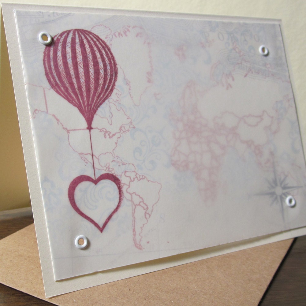 Hot Air Balloon and Heart - Gocco Screen-Printed Card with Map