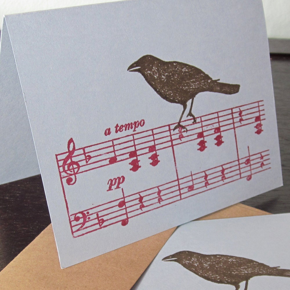 Bird On Music 12-Pack - Gocco Screen-Printed Cards