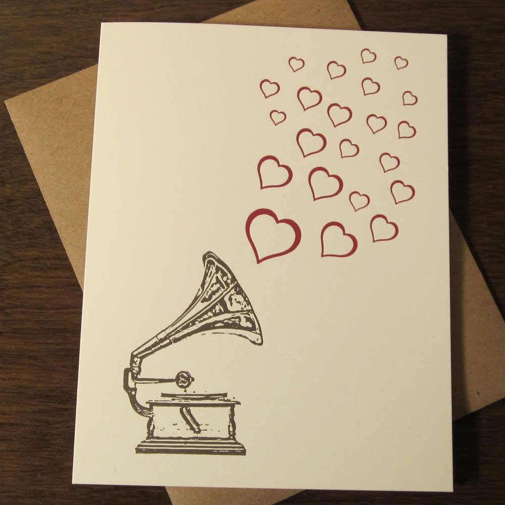Record Player and Hearts - Letterpress Card