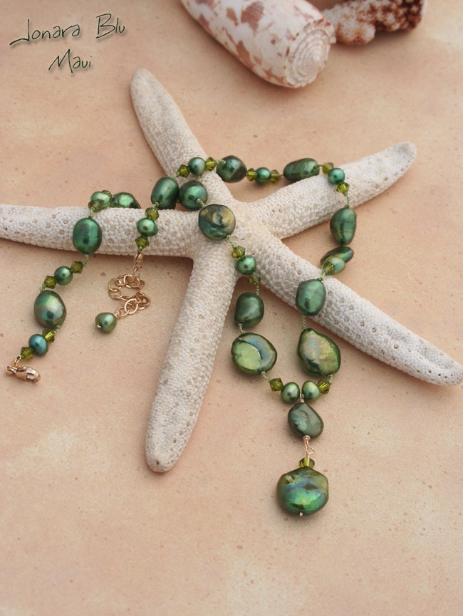 Sparkling Boho Olivine Green Bling - Pearls and Swarovski Crystal Silk Cord Necklace