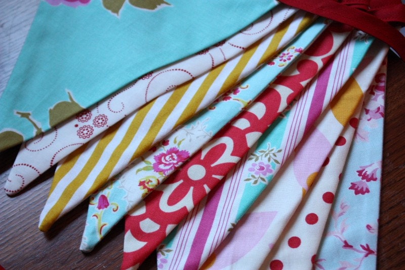 Wedding Bunting, Carnival Theme Fabric Flag Banner.  Designer's Choice Featuring Yellow, Aqua, Red, Pink...