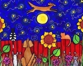 and the Dog jumped Over the Moon.... cats, sunflowers, night, childrens print