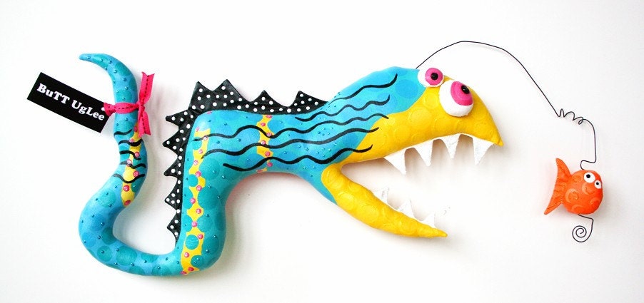 EeL named GumbY and his lunch named GracY ... DimensionaL WaLL ArT ... teal yellow ocean blue fushia
