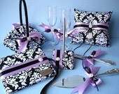 Damask Wedding Guest Book, Pen, Flower Girl Basket, Ring Bearer Pillow, Toasting Flutes, Cake Server, Custom Colors, Personalized Engraving