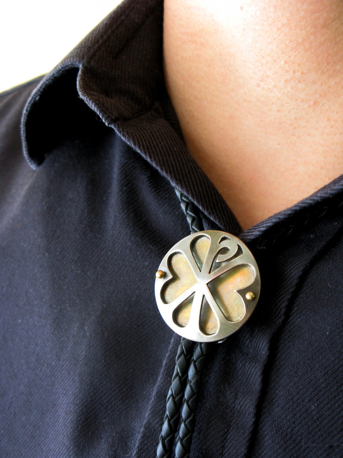 Custom Bolo Tie for men and daring women - darkened silver and brass with woven leather cord