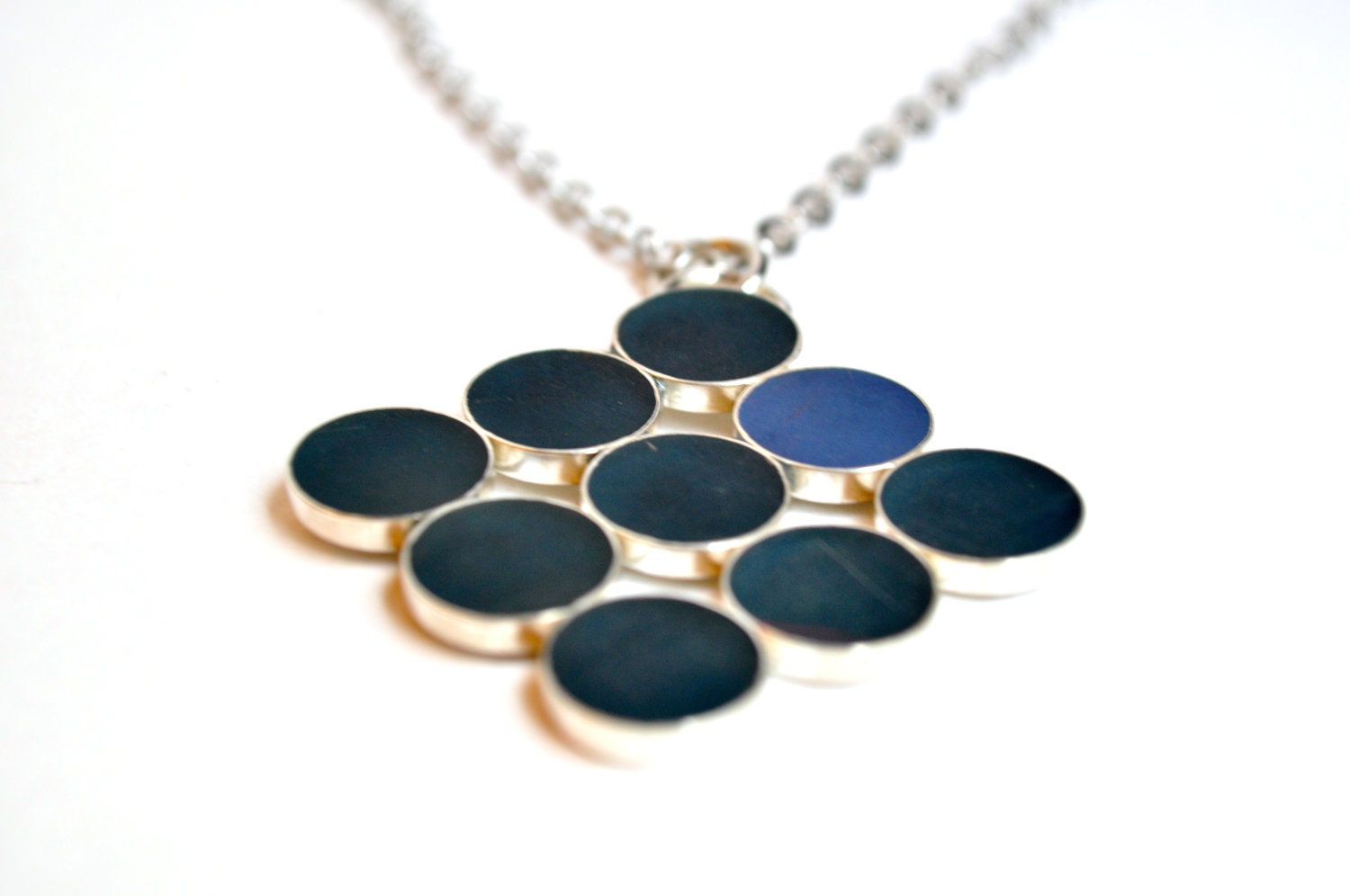 Resin and Silver Necklace Navy Blue Bubbles