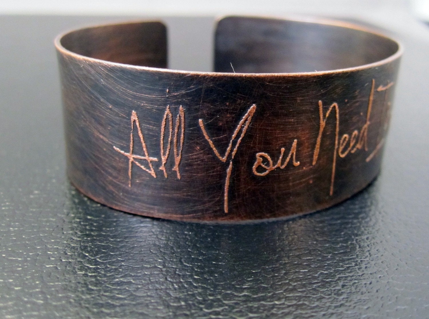 All You Need is Love copper etched cuff bracelet