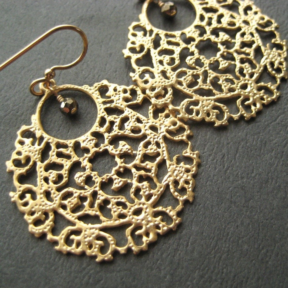 Gold Filigree Earrings, Faceted Pyrite Gold-Plated Pewter Filigree Earrings