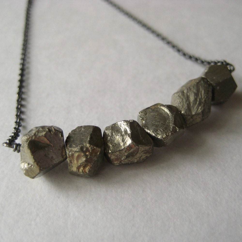 Pyrite Necklace, Faceted Pyrite Gemstone Nugget Oxidized Sterling Silver Chain Necklace