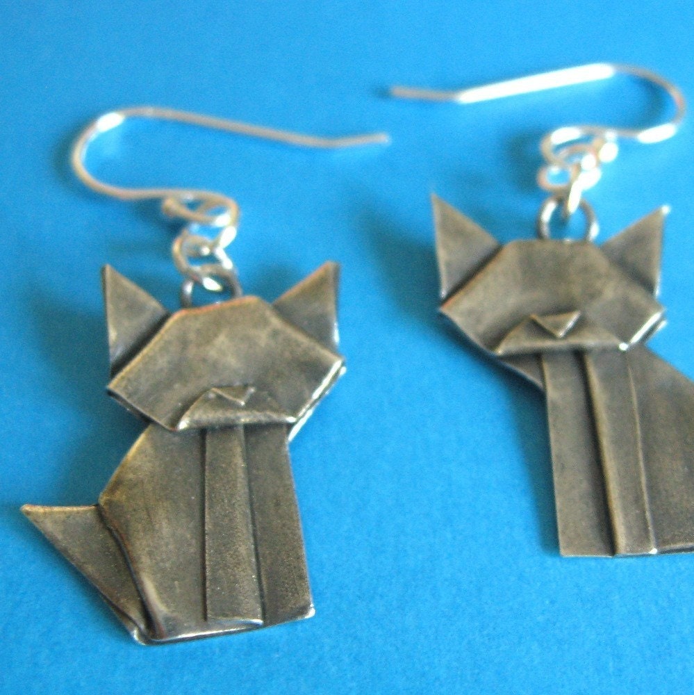 Silver Origami Cat Earrings - Fine Silver Origami