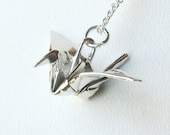 Silver Origami Crane Pendant - True Origami Jewelry - Fine Silver Crane
