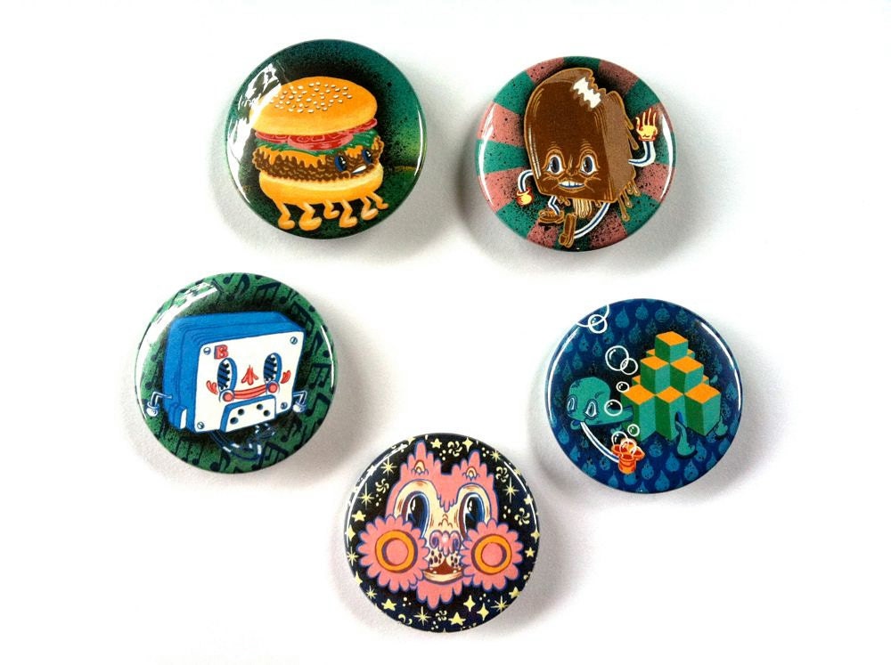 Choose 3 of these 1.5 inch burger popsicle turtle tape cat kitten ice cream buttons