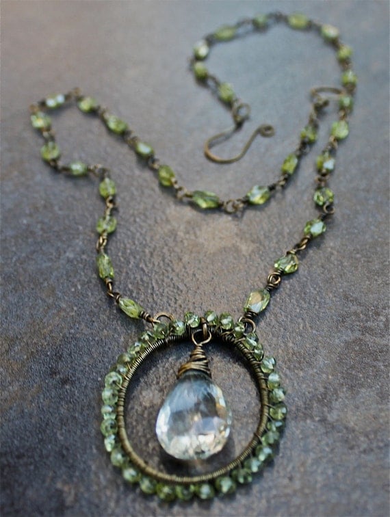 Elegant Peridot and Quartz Teardrop Wire Wrapped Necklace