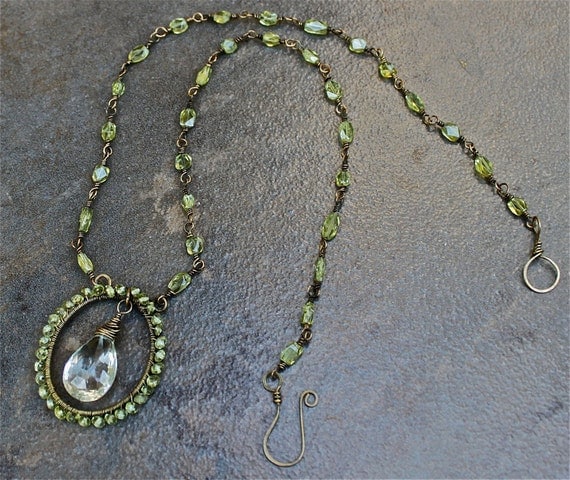 Elegant Peridot and Quartz Teardrop Wire Wrapped Necklace