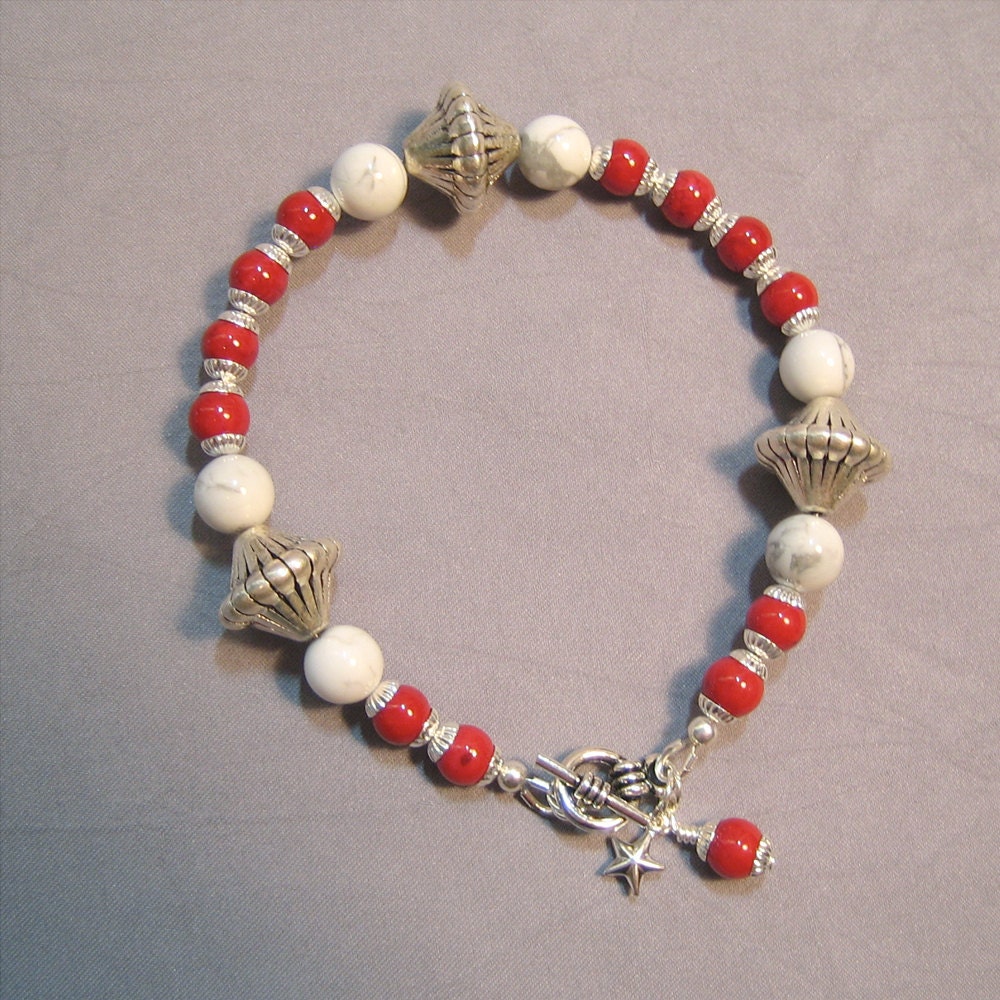 CLEARANCE - Sleigh Ride - red white howlite fossil stone gemstone bracelet