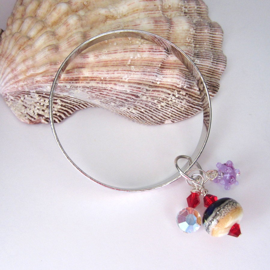 Organic Handmade Bangle Bracelet with Handmade Lampwork Beads Barcelona