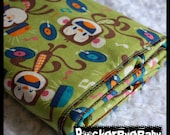 RockerByeBasics Baby or Toddler Blanket Green Orange Rockin Monkeys Records with orange flannel boys girls unisex 36x42