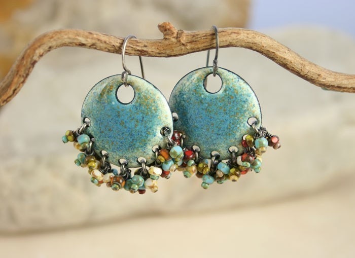 Gypsy Earring Denim Ethnic Copper Enamel with Czech Beads Boho Chic