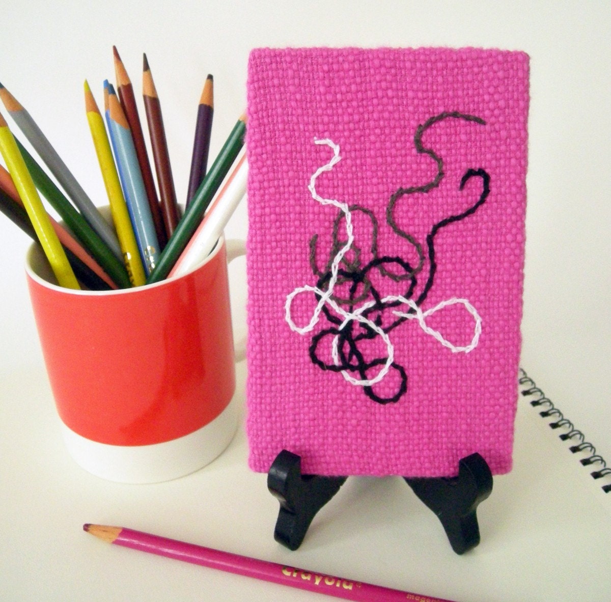 Little Squiggle Embroidered Artwork - Peony  Pink - Black - White - Gray - Abstract