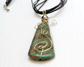 Marbled like Wire Wrapped Pendant Necklace . Free Ribbon .