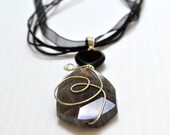 Labradorite - wire wrapped Black Heart Pendant Free Ribbon Necklace