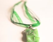 Apple Green Quartz Gemstone . Swirls Wire Wrapped Pendant . Spring . FREE Ribbon Necklace