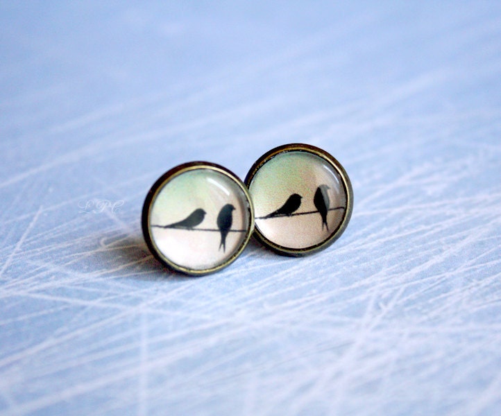 Birds on Wire Stud Earrings - Delicate Everyday Jewelry - Gift for her under 20usd