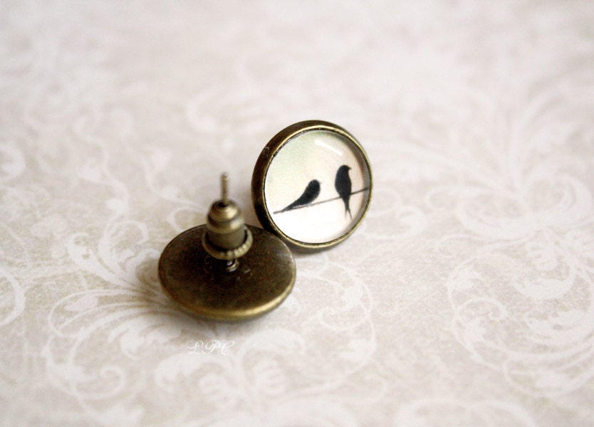Birds on Wire Stud Earrings - Delicate Everyday Jewelry - Gift for her under 20usd