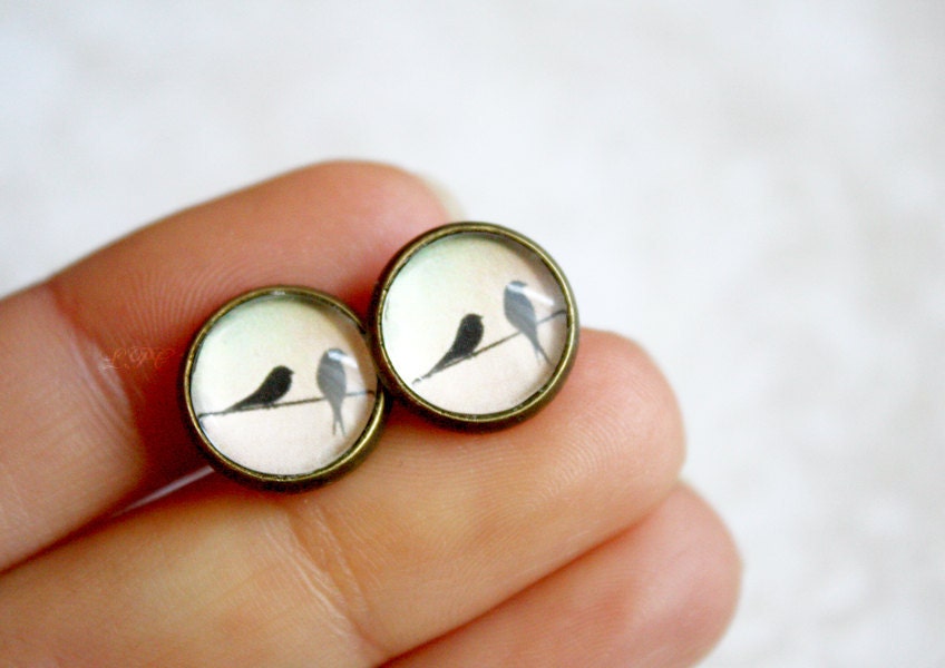 Birds on Wire Stud Earrings - Delicate Everyday Jewelry - Gift for her under 20usd