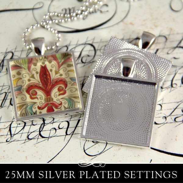 Silver Plated Square Bezel Pendant Tray with Textured Back. 25mm or 1". 25 Pack.