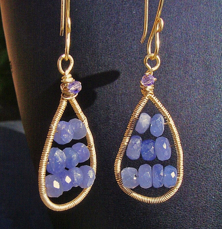 Gold and Tanzanite Tear Drop Earrings