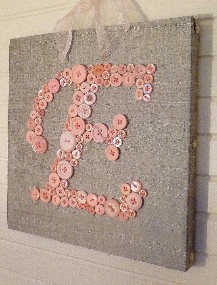 Baby Monogram Button Letter on Canvas -- Pink Buttons on Gray Grey Silk -- Unique Childrens Kids Letter Art