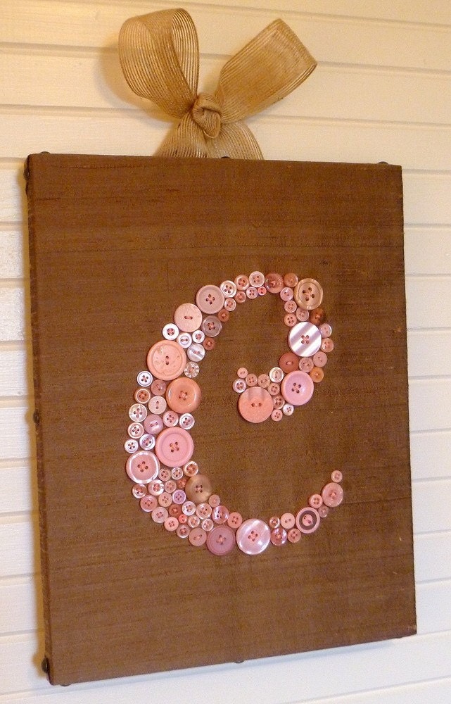 Custom Button Monogram Nursery Wall Art -- on 11x14 Canvas -- Pink on Cocoa Brown Silk