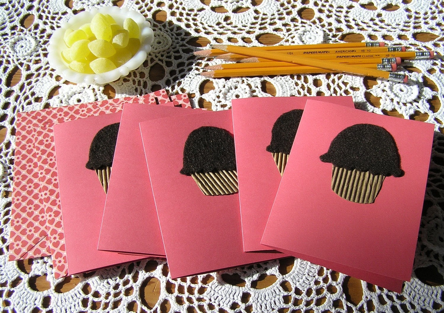 Repurposed Cupcake Note Cards, Collection of 5, Chocolate Brown & Pink, SALE