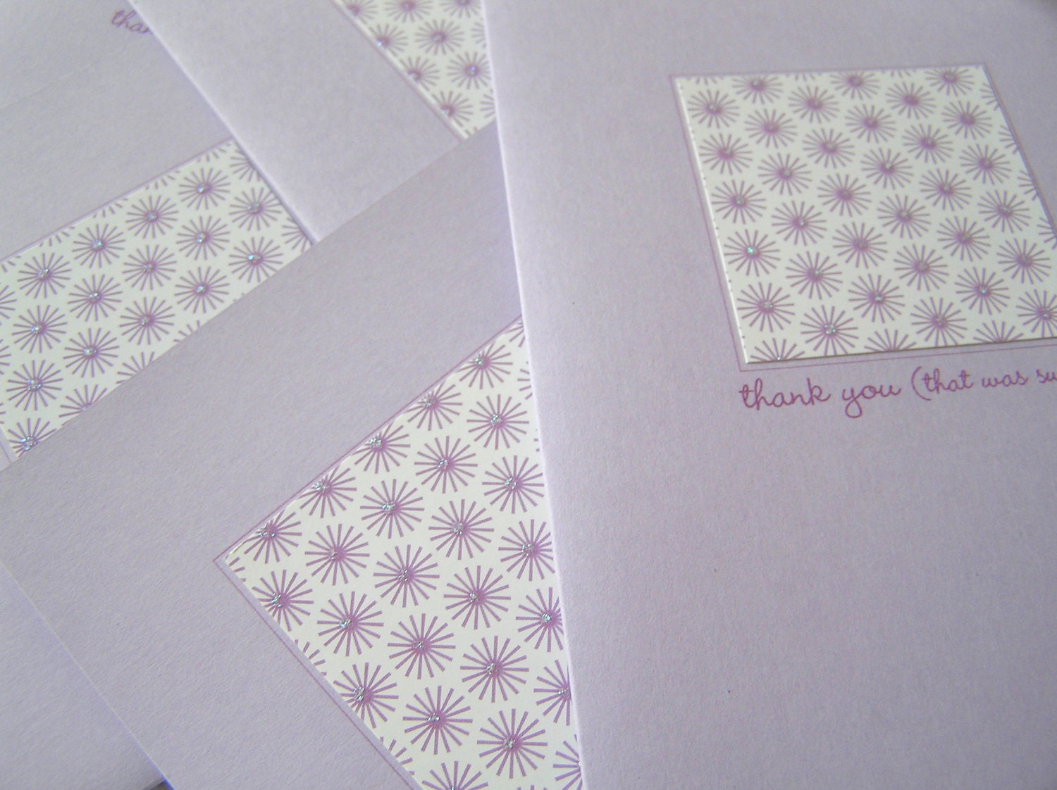 SALE Purple Lilac Glitter Starburst Thank You Cards, Mid-Century Modern, Retro, Women Girls Brides Bridal Shower