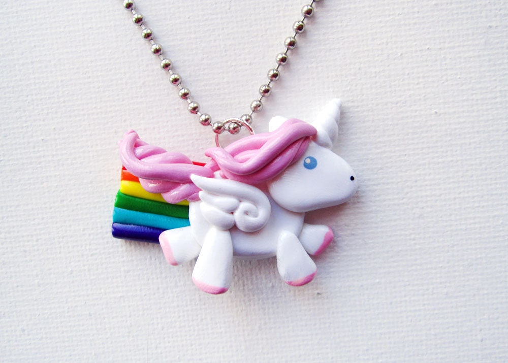 Flying Rainbow Unicorn Necklace polymer clay charm