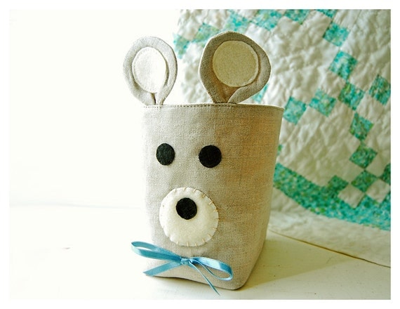 box Teddy Bear Linen Bin diaper caddy Nursery Organizer Storage Natural Oatmeal Linen  Basket  Embroidery Handmade tagt team Gift Wrap
