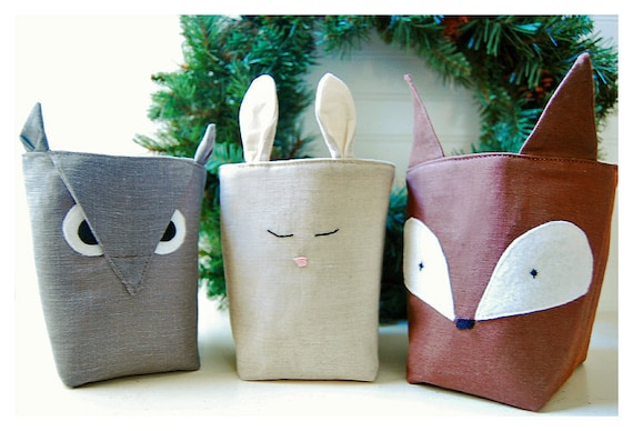 etsy Weddings decor Forest Friends Box Fox Owl Bunny Rabbit SET 3 Linen Organizer Storage Embroidery handmade tagt team Gift Wrap